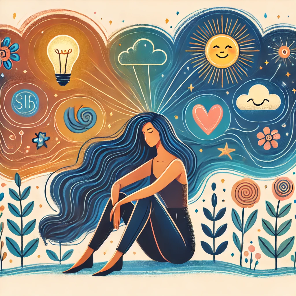 DALL·E 2024-08-29 01.57.27 - An illustration in a similar artistic style as the provided image, showing a woman who is overcoming challenges and managing her mind effectively. She